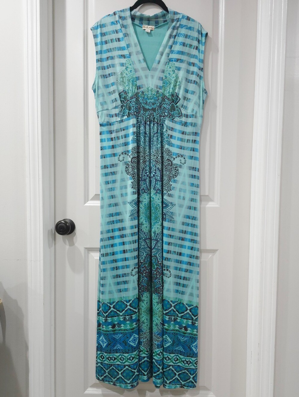 WORLD UNITY Boho Summer Resort Sleeveless V-Neck Maxi Dress, Stretchy, Size XL - Picture 2 of 15